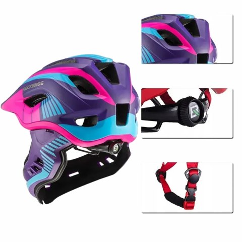 Kask rowerowy dziecięcy z odpinaną szczęką rozmiar M - fioletowo-różowy Kask rowerowy dziecięcy z odpinaną szczęką rozmiar M - fioletowo-różowy