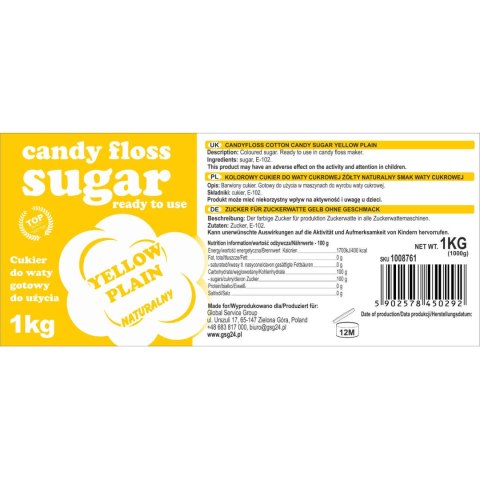 Kolorowy cukier do waty cukrowej żółty naturalny smak waty cukrowej 1kg Kolorowy cukier do waty cukrowej żółty naturalny smak waty cukrowej 1kg