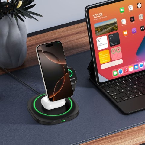 Ładowarka indukcyjna 3w1 do smartfona smartwatcha słuchawek Magnetic MagSafe - czarna Ładowarka indukcyjna 3w1 do smartfona smartwatcha słuchawek Magnetic MagSafe - czarna