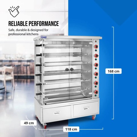 Rożen gazowy opiekacz do 30 kurczaków 6 szpikulców 2 szuflady na kółkach 40 kW Rożen gazowy opiekacz do 30 kurczaków 6 szpikulców 2 szuflady na kółkach 40 kW
