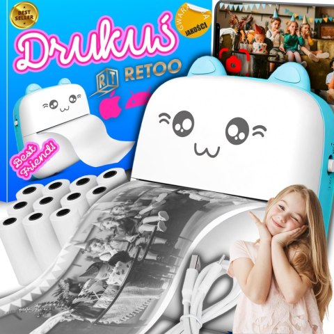 Drukarka termiczna dla dzieci do zdjęć notatek Mini Kot 11 rolek - niebieska Drukarka termiczna dla dzieci do zdjęć notatek Mini Kot 11 rolek - niebieska