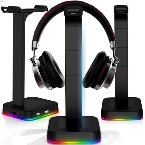 Stojak uchwyt biurkowy gamingowy na słuchawki HUB USB podświetlany RGB LED Stojak uchwyt biurkowy gamingowy na słuchawki HUB USB podświetlany RGB LED