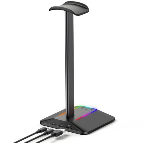 Stojak uchwyt biurkowy gamingowy na słuchawki z hubem USB podświetlany RGB LED Stojak uchwyt biurkowy gamingowy na słuchawki z hubem USB podświetlany RGB LED