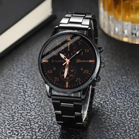 Zegarek męski kwarcowy klasyczny z bransoletą STAL 40 mm - czarny Zegarek męski kwarcowy klasyczny z bransoletą STAL 40 mm - czarny