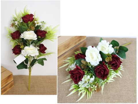 Bukiet mieszany z RÓŻĄ wys. 50 cm, 9 łodyg (12 kwiatów 10-6 cm) BIAŁO BORDOWY MZ-422D
