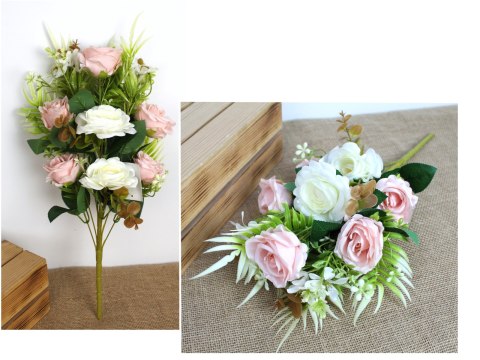 Bukiet mieszany z RÓŻĄ wys. 50 cm, 9 łodyg (12 kwiatów 10-6 cm) BIAŁO RÓŻOWY MZ-422C