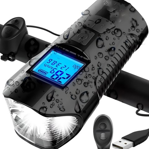 Lampka rowerowa akumulatorowa 5w1 z licznikiem dzwonkiem 1500 mAh