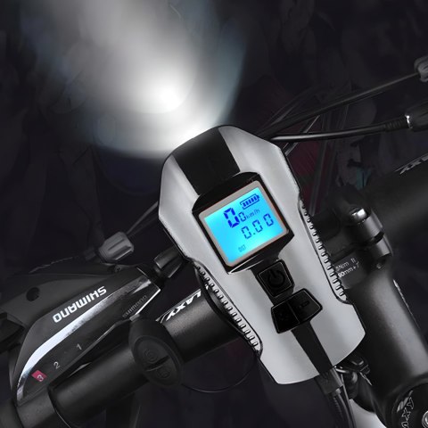 Lampka rowerowa akumulatorowa 5w1 z licznikiem dzwonkiem 1500 mAh