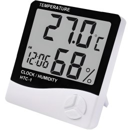 Termometr higrometr cyfrowy z zegarkiem budzikiem datą stojący na baterie 0-50C