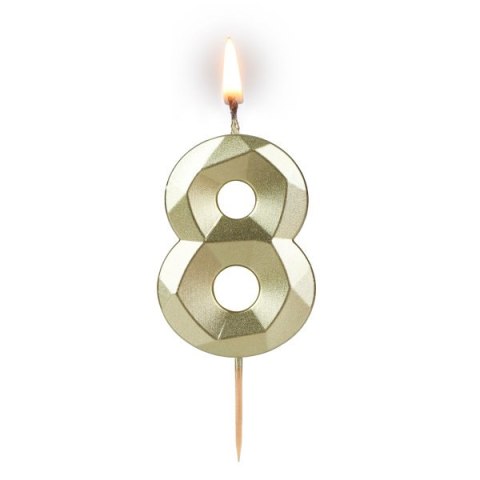 Świeca cyferka "8" 5,8cm "DIAMENT" ZŁOTA na patyku ( długość patyka 4,2cm / 2cm ) 24szt. 64-08