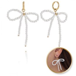 Kolczyki KOKARDY wiszące ze stali szlachetnej pozłacanej, perełki KST3281